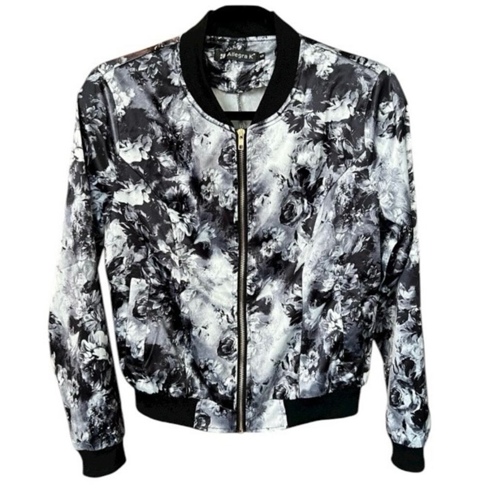 Allegra K Black White Floral Bomber Jacket Zip Up Cropped Lightweight - S